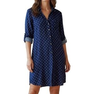 The Limited Women Henley‎ Polka Dot Long Sleeve Shirt Dress Navy Blue Medium